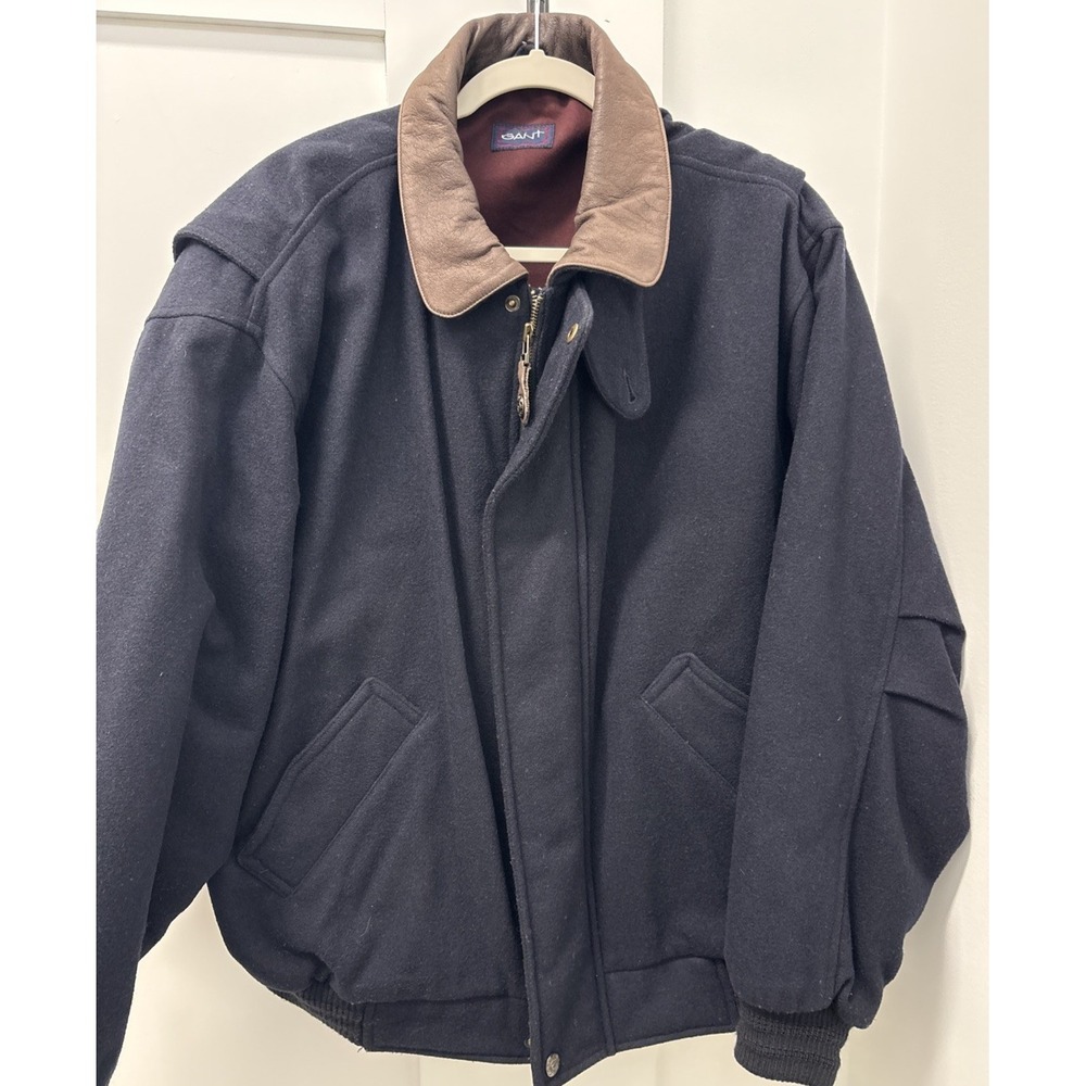 Gant Mens XXL Navy Wool Bomber Jacket Coat Leather Collar Preppy Classic